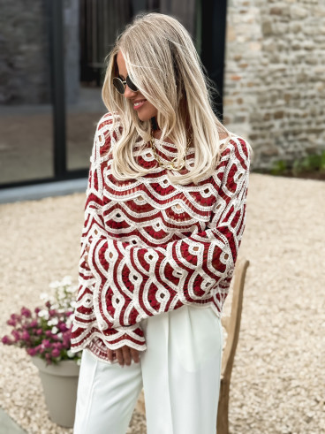 Pull en crochet Océana - Bordeaux/Ecru