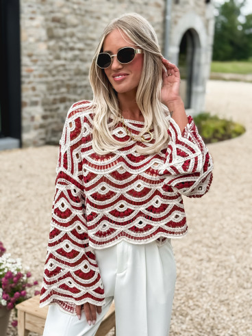 Pull en crochet Océana - Bordeaux/Ecru