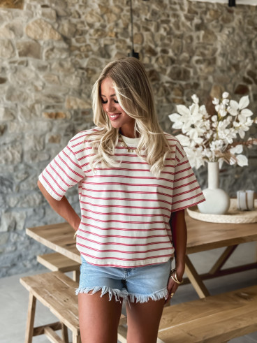 T-shirt ligné Léonora - Ecru/Rose