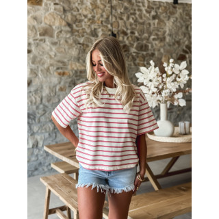 T-shirt ligné Léonora - Ecru/Rose