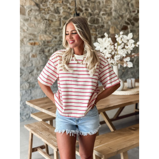 T-shirt ligné Léonora - Ecru/Rose