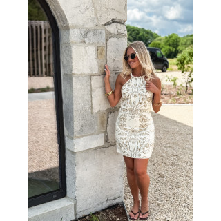 Robe courte à motifs Lya - Ecru/Camel
