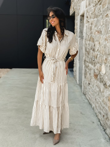 Robe longue lignée Raïa - Crème/Camel