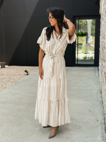 Robe longue lignée Raïa - Crème/Camel