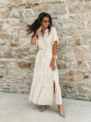 Robe longue lignée Raïa - Crème/Camel