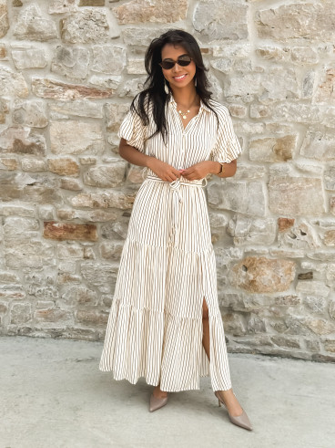 Robe longue lignée Raïa - Crème/Camel