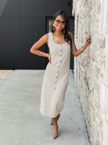 Robe longue lignée Cintia - Ecru/Choco