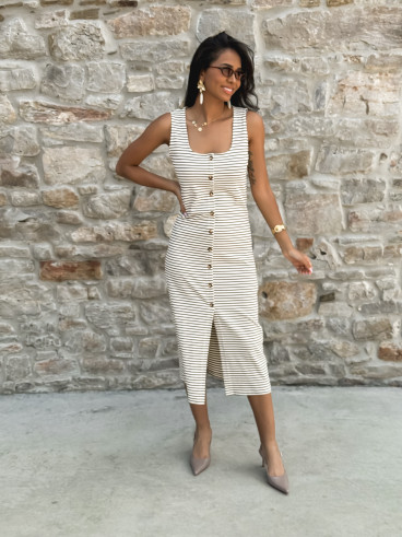 Robe longue lignée Cintia - Ecru/Choco