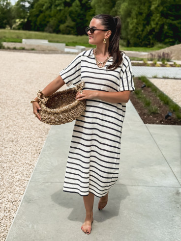 Robe longue lignée Yolène - Ecru/Marine