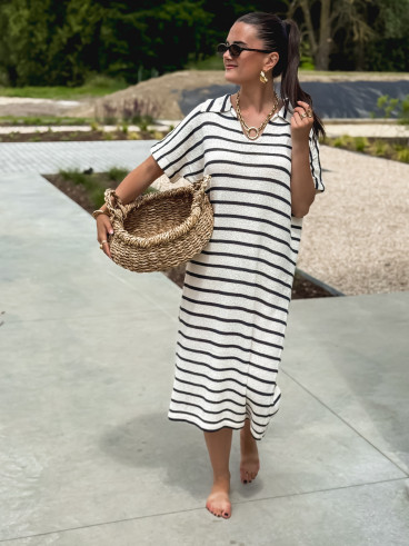 Robe longue lignée Yolène - Ecru/Marine