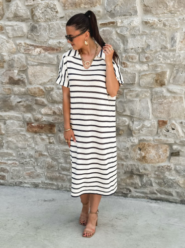 Robe longue lignée Yolène - Ecru/Marine