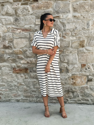 Robe longue lignée Yolène - Ecru/Marine