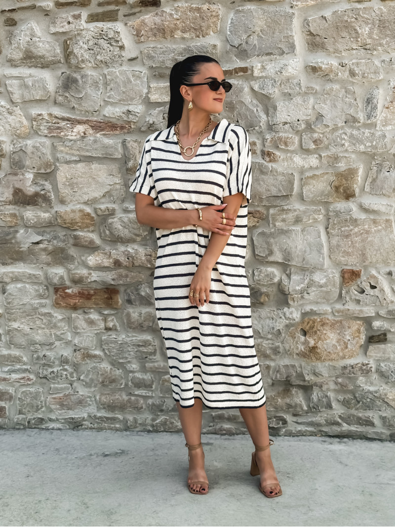 Robe longue lignée Yolène - Ecru/Marine