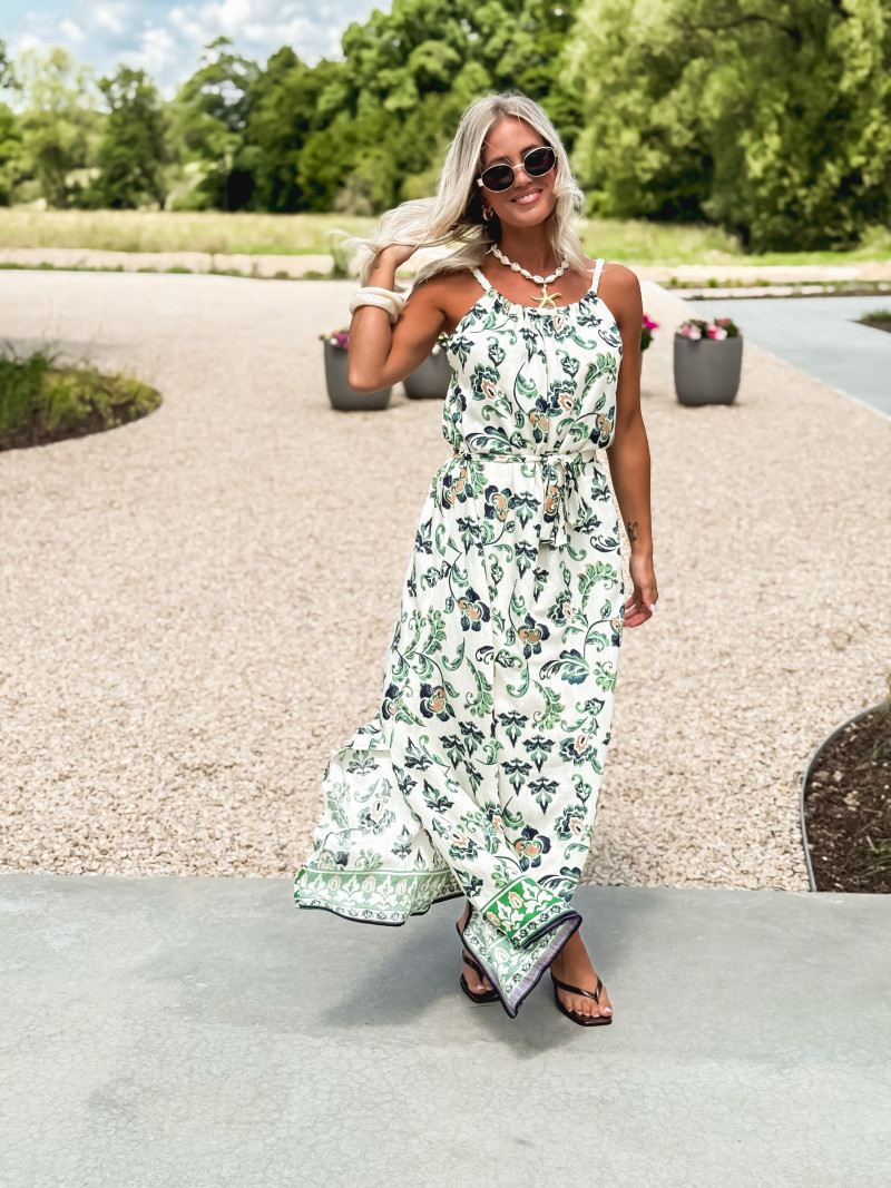 Robe longue à motifs Ezia - Ecru/Vert