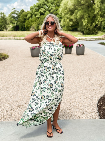 Robe longue à motifs Ezia - Ecru/Vert
