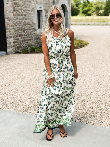 Robe longue à motifs Ezia - Ecru/Vert