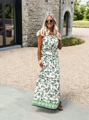 Robe longue à motifs Ezia - Ecru/Vert