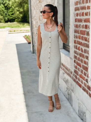 Robe longue lignée Cintia - Ecru/Bleu marine