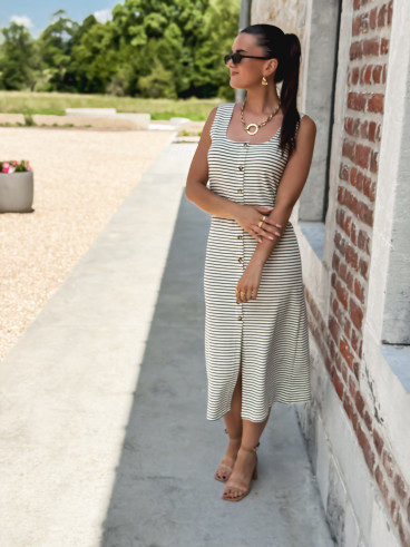 Robe longue lignée Cintia - Ecru/Bleu marine