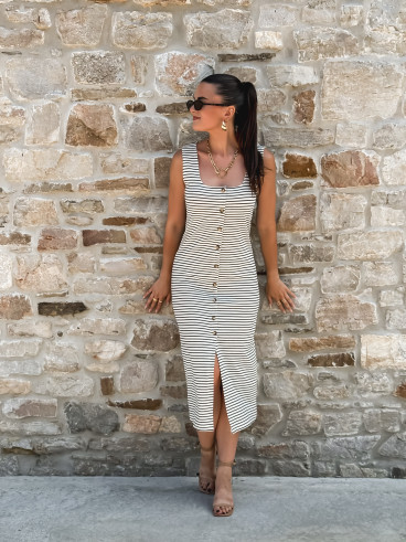 Robe longue lignée Cintia - Ecru/Bleu marine