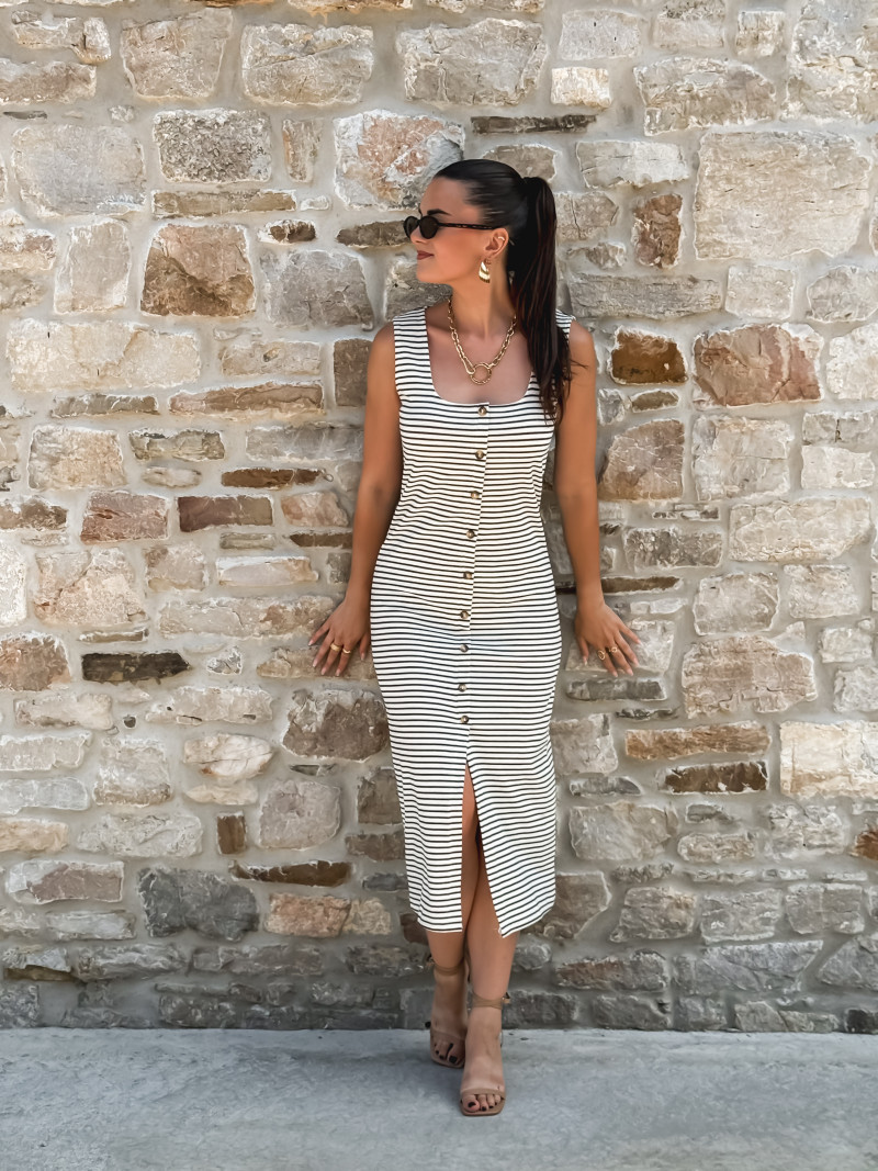 Robe longue lignée Cintia - Ecru/Bleu marine