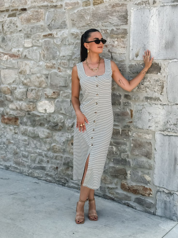 Robe longue lignée Cintia - Ecru/Bleu marine
