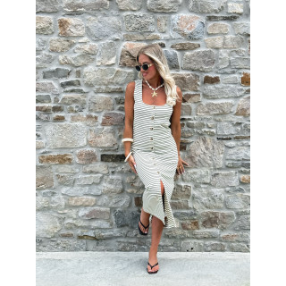Robe longue lignée Cintia - Ecru/Kaki