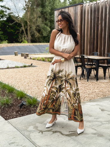 Robe longue à motifs Cassidie - Beige/Kaki