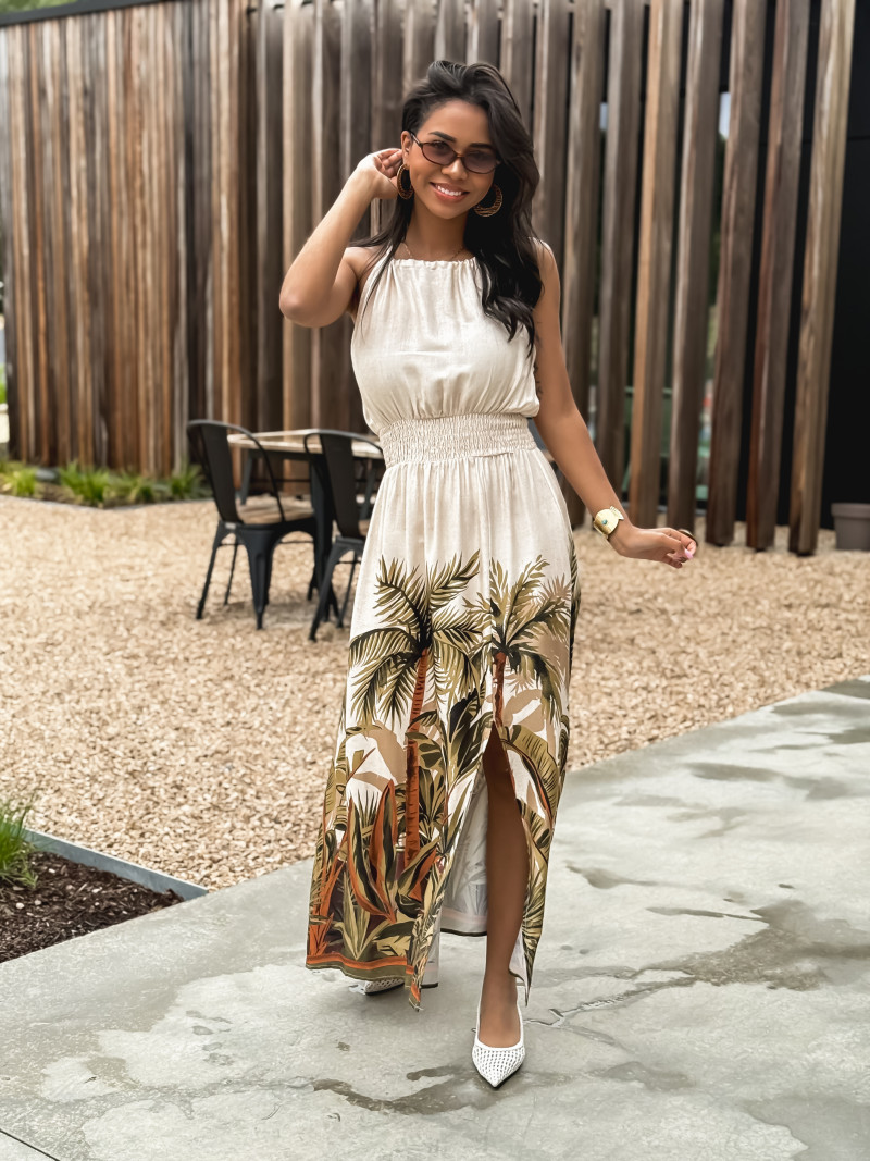 Robe longue à motifs Cassidie - Beige/Kaki
