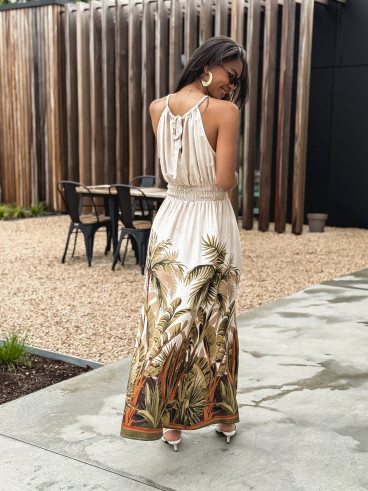 Robe longue à motifs Cassidie - Beige/Kaki