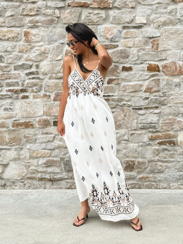 Robe longue à motifs Madère - Blanc/Bleu marine