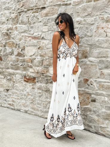 Robe longue à motifs Madère - Blanc/Bleu marine