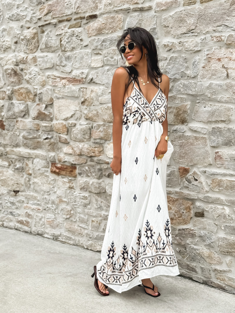 Robe longue à motifs Madère - Blanc/Bleu marine