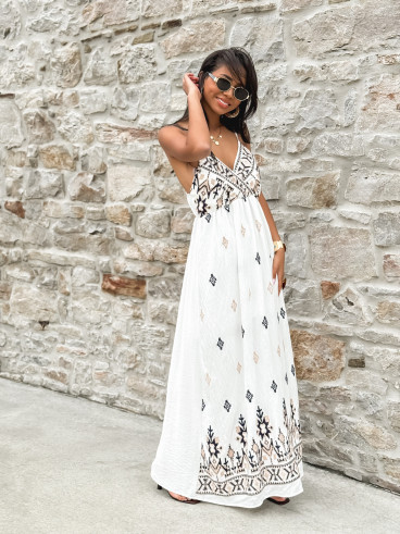 Robe longue à motifs Madère - Blanc/Bleu marine