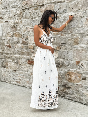 Robe longue à motifs Madère - Blanc/Bleu marine