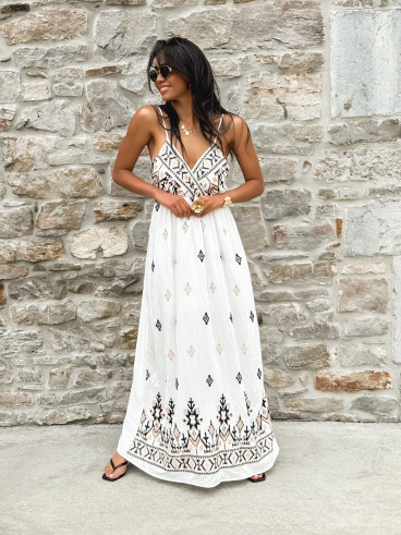 Robe longue à motifs Madère - Blanc/Bleu marine
