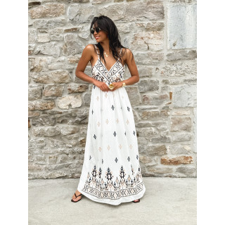 Robe longue à motifs Madère - Blanc/Bleu marine