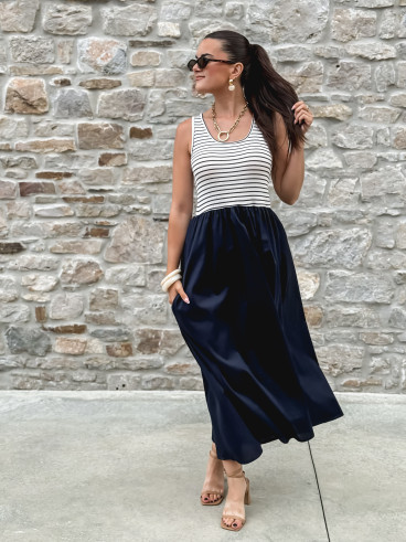 Robe longue Naïlla - Blanc/Bleu marine