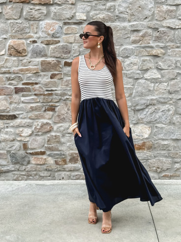 Robe longue Naïlla - Blanc/Bleu marine