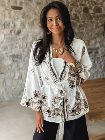 Kimono à motifs Anéllia - Blanc/Noir