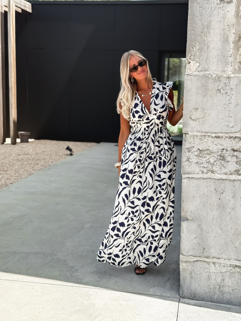Robe longue à motifs Léonore - Blanc/Bleu marine