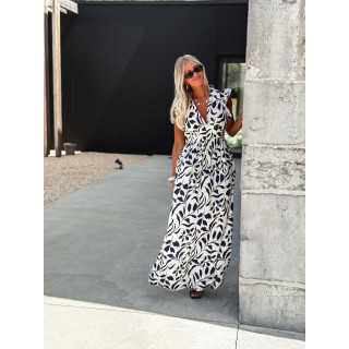 Robe longue à motifs Léonore - Blanc/Bleu marine
