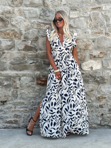 Robe longue à motifs Léonore - Blanc/Bleu marine