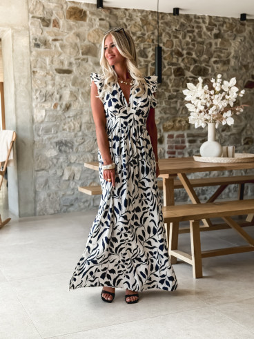 Robe longue à motifs Léonore - Blanc/Bleu marine
