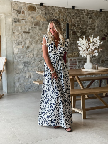 Robe longue à motifs Léonore - Blanc/Bleu marine