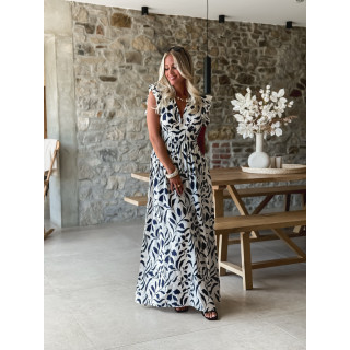 Robe longue à motifs Léonore - Blanc/Bleu marine