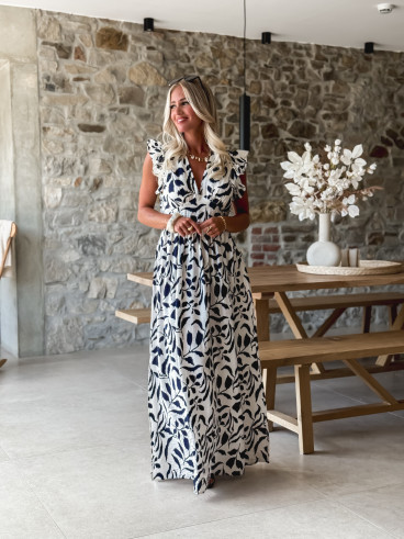 Robe longue à motifs Léonore - Blanc/Bleu marine