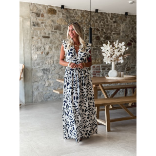 Robe longue à motifs Léonore - Blanc/Bleu marine