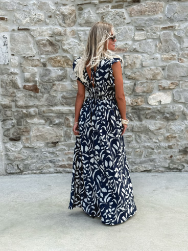 Robe longue à motifs Léonore - Bleu marine/Blanc