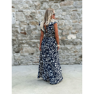 Robe longue à motifs Léonore - Bleu marine/Blanc